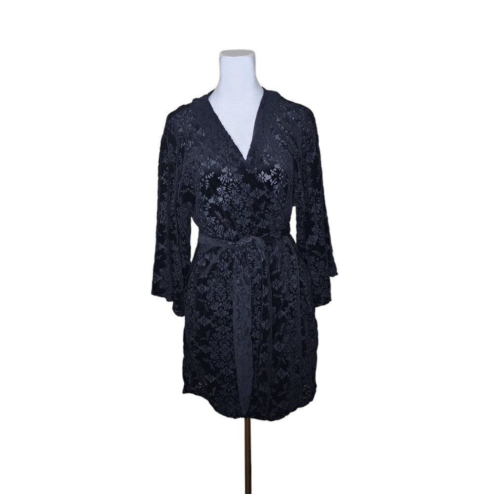 INC Short Kimono Robe Burnout Velvet Womens Size S Black Pockets